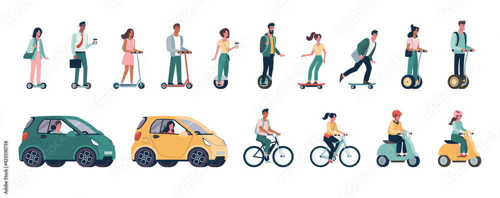 Green energy, vector set of environmentally friendly alternative vehicles. People, men and women ride modern eco-cars, electric scooters, skateboards, bicycles, mopeds.