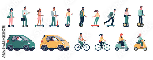 Green energy, vector set of environmentally friendly alternative vehicles. People, men and women ride modern eco-cars, electric scooters, skateboards, bicycles, mopeds.