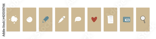 Instagram highlights stories covers flat icons for bloggers. Set of 9 highlights covers. Fully editable vector file. Vector isolated illustration.