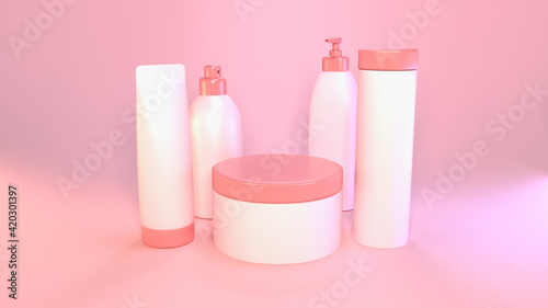 Set of 3D render packaging mockups of cosmetic products. Glossy bottles of shampoo, gel, cream, lotion, hair mask, aconditioner, deodorantâ€¦