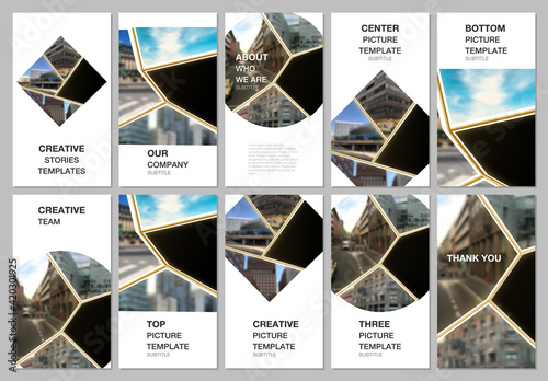 Social networks stories design, vertical banner or flyer templates. Covers design templates for flyer, leaflet, brochure cover, banner. Black and golden project with clipping mask for your photo.