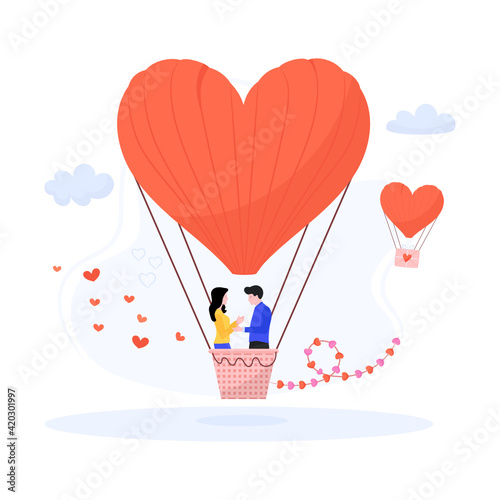 
Love flight, heart air balloon flat illustration 

