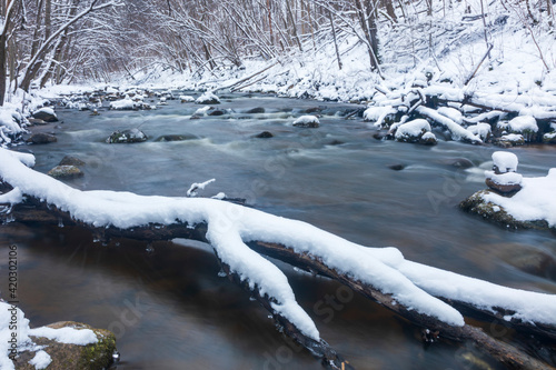 frozen river in winter in the forest