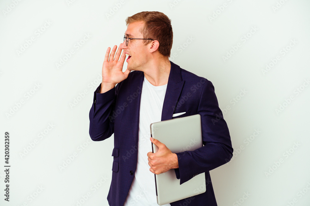 Young business caucasian man holding a laptop isolated on white background Young business caucasian man holding a laptop isolated on white background