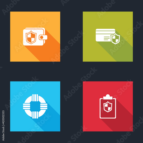 Set Wallet with shield, Credit card, Lifebuoy and Document icon. Vector