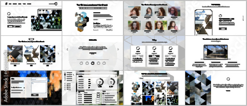Vector templates for website design, presentations, portfolio. Templates with triangles, triangular pattern for presentation slides, flyer, leaflet, brochure cover. Backgrounds with place for photo.