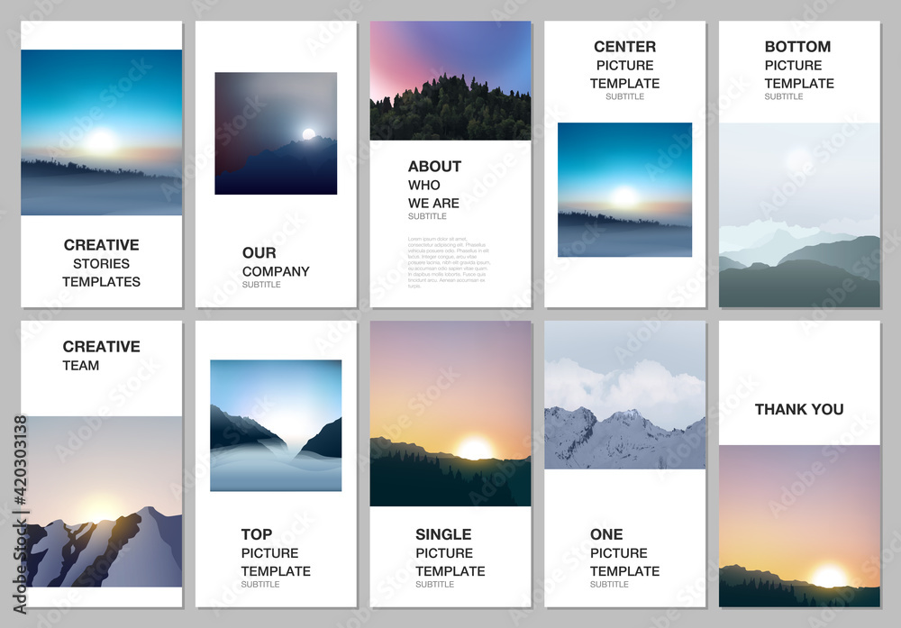 Social networks stories design, vertical banner or flyer templates. Covers design templates for flyer, cover. Fog, sunrise in morning and sunset in evening. Nature landscape backgrounds with mountains