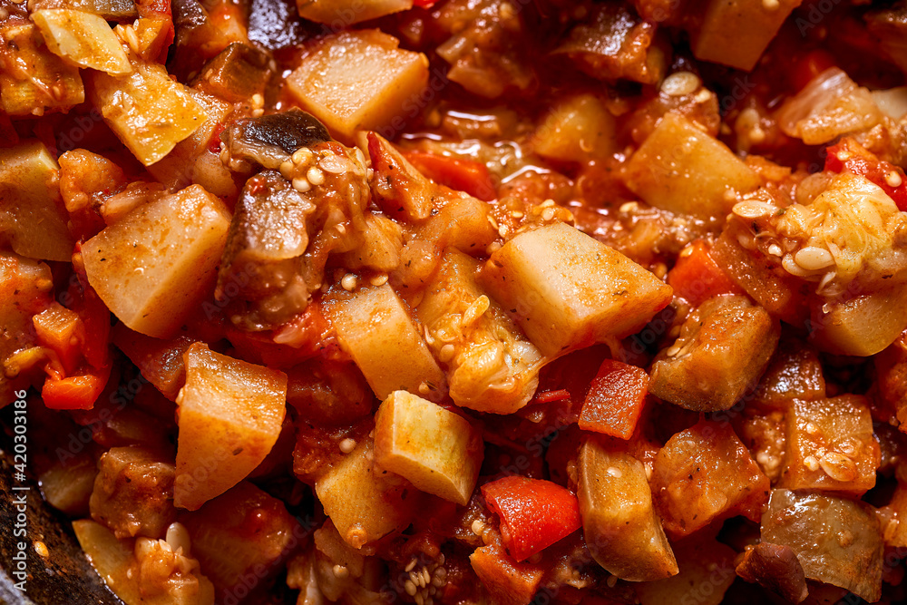 Vegetable stew under macro increase Vegetable stew under macro increase
