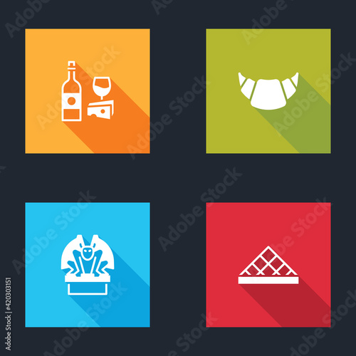 Set Wine bottle with cheese, Croissant, Gargoyle on pedestal and Louvre museum icon. Vector