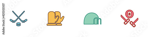 Set Ice hockey sticks and puck, Christmas mitten, Igloo ice house and Curling sport game icon. Vector