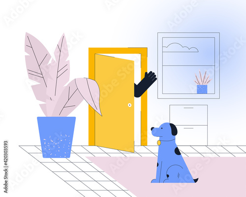 Says goodbye to your dog as walk out the door. Illustration concept of leaving your dog for the day home.