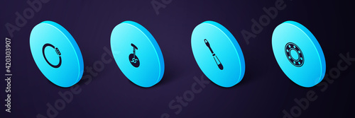 Set Isometric Bicycle ball bearing, Screwdriver, Unicycle or one wheel bicycle and brake disc icon. Vector