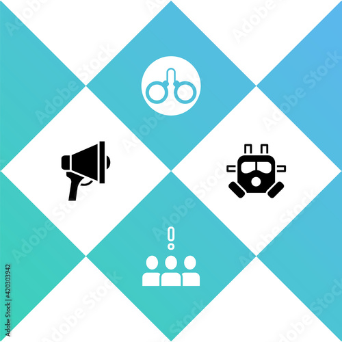 Set Megaphone, Crowd protest, Handcuffs and Gas mask icon. Vector