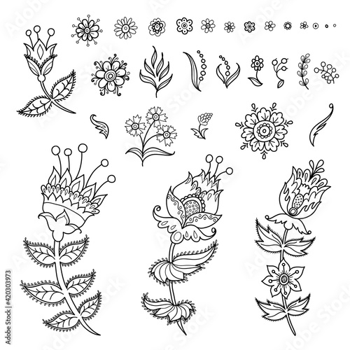 Collection of decorative flowers and plant elements in folk style isolated on white background. Can be used for frames, patterns, coloring