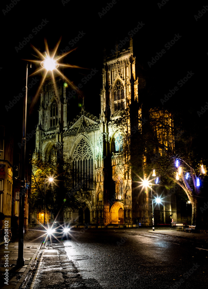 Long exposure image of York Minster cathedral on a dark winter night