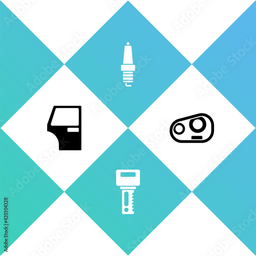 Set Car door, key with remote, spark plug and headlight icon. Vector