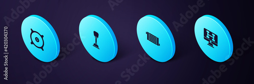 Set Isometric Diagnostics condition of car, Car radiator cooling system, Gear shifter and audio speaker icon. Vector