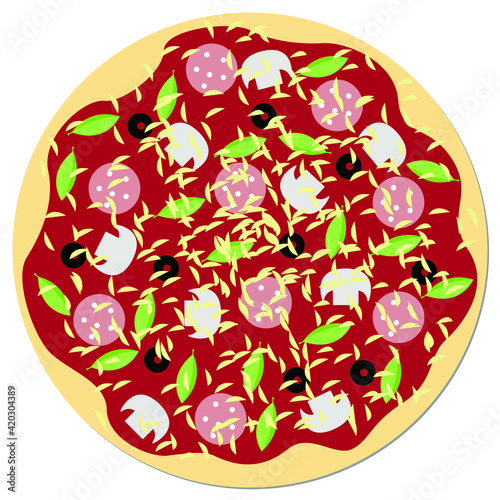 Vector graphics-round beautiful pizza with slices of sausage, black olives, mushrooms, grated cheese and fresh herbs with tomato sauce close-up isolated