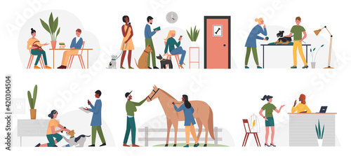 People with animals in veterinary office clinic vector illustration set. Cartoon man woman pet owner characters and domestic dog horse bird visit veterinarian doctor for pet care isolated on white