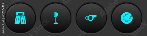 Set Boxing short, Punching bag, Whistle and Tennis ball icon. Vector