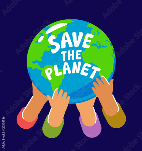 People holding planet Earth. Hands hold globe of world. Environment, ecology, nature conservation concept