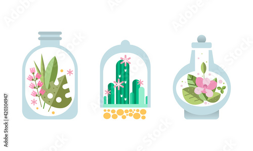 Blooming Flowers and Cactus inside Glass Florarium Set, Terrarium with Potted Plants Cartoon Vector Illustration