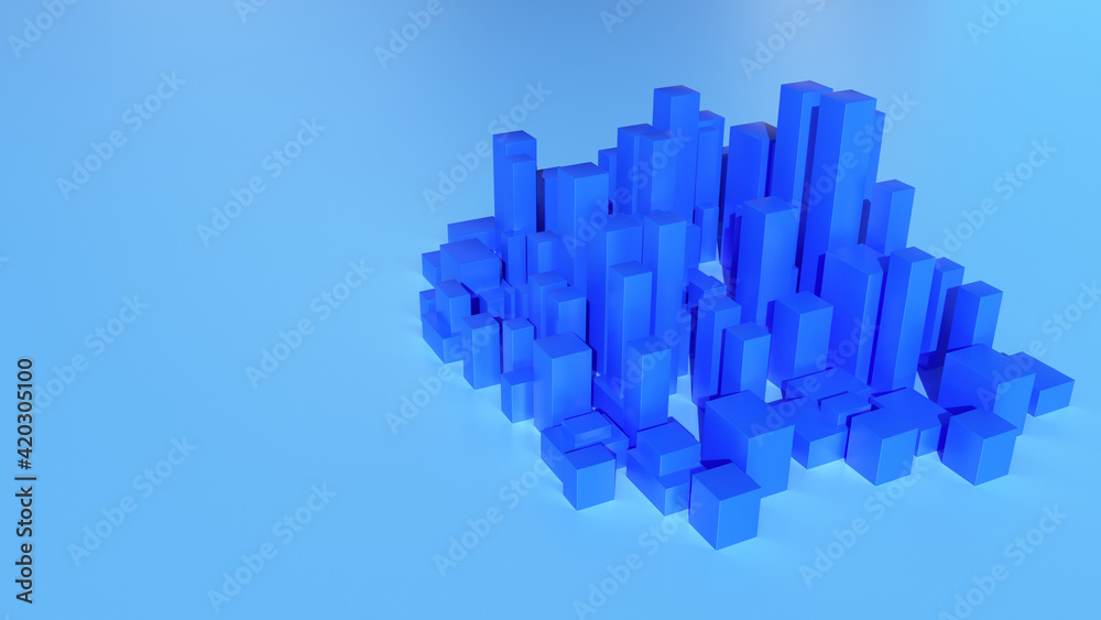 Blue 3d render prisms abstract background. Square tridimensional prisms group as simple minimal skyscrappers building in a geometric minimalist city. Background full of 3d cubes rising and growing.