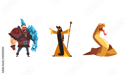 Fantastic Magical Creature Characters Set, Ice Frost Powerful Man, Magician, Serpentine Beast Cartoon Vector Illustration