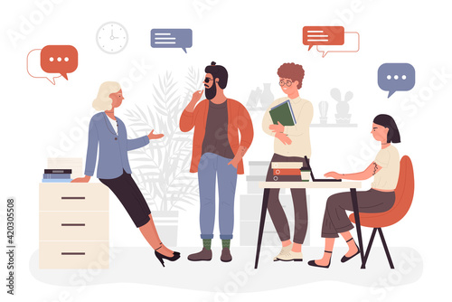 Business people meeting, brainstorm workflow teamwork vector illustration. Cartoon team of man woman colleague characters working in coworking office space, business communication isolated on white