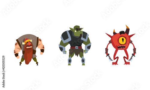 Fantastic Magical Creature Characters Set, Dwarf, Orc, One Eyed Monster Cartoon Vector Illustration