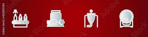 Set Conveyor band, beer, Cold can, Beer brewing process and Wooden barrel rack icon. Vector