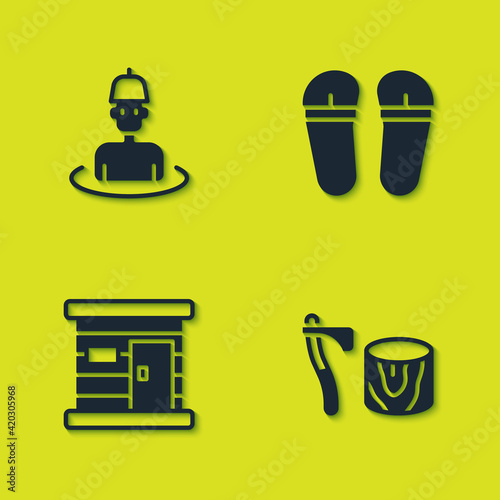 Set Man in the sauna, Wooden axe stump, Sauna wooden bathhouse and Flip flops icon. Vector