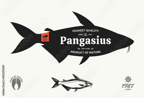 Vector pangasius seafood label photo