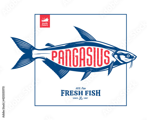 Vector pangasius fish label isolated on a white background