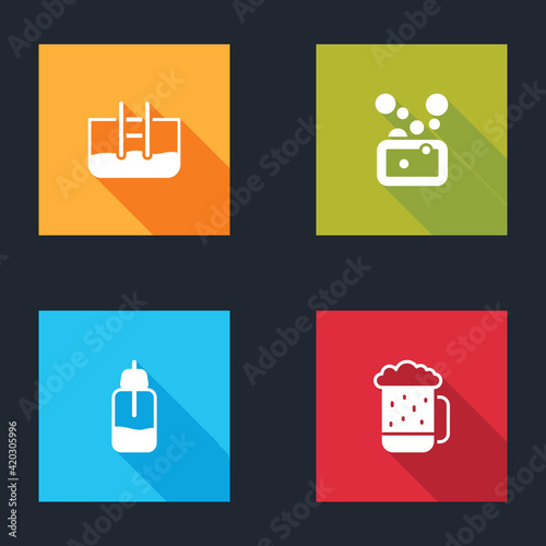 Set Swimming pool with ladder, Bar of soap, Essential oil bottle and Wooden beer mug icon. Vector
