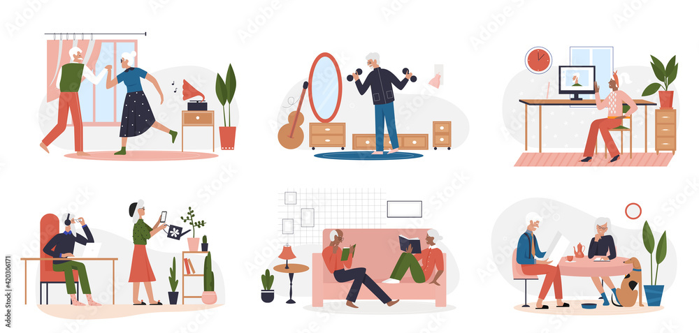 Elderly people lifestyle scene vector illustration set. Cartoon man woman characters read books or newspapers, dance to music, do sports physical exercise with dumbbells, chat online isolated on white
