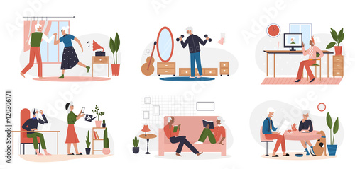 Elderly people lifestyle scene vector illustration set. Cartoon man woman characters read books or newspapers, dance to music, do sports physical exercise with dumbbells, chat online isolated on white © Flash concept
