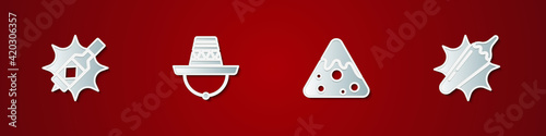 Set Tabasco sauce, Mexican sombrero, Nachos and Hot chili pepper pod icon. Vector