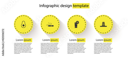 Set Avocado fruit, Cigar, Tequila glass with lemon and Mexican sombrero. Business infographic template. Vector