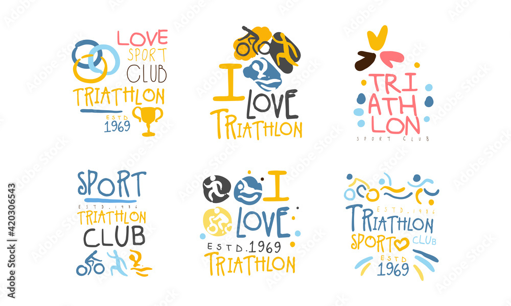 Triathlon Club Logo Design Set, Marathon, Sports Club, Competition Emblems Cartoon Hand Drawn Vector Illustration