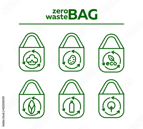 Vector green zero waste icons of bags made of corn and potato starch, fabric cotton, made of recycled plastic bottles.