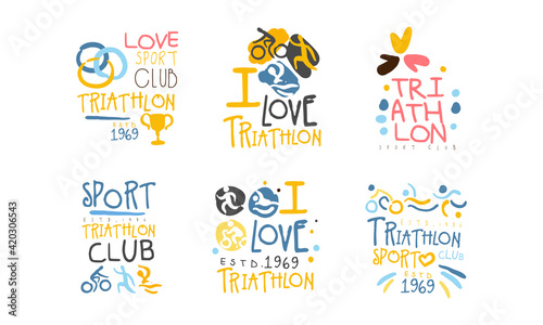 Triathlon Club Logo Design Set, Marathon, Sports Club, Competition Emblems Cartoon Hand Drawn Vector Illustration © topvectors