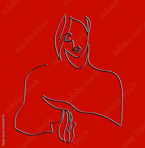 One line drawing of serious girl showing timeout gesture.
One continuous line drawing of woman showing timeout gesture with hands over chest.