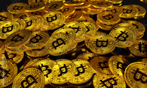 bitcoins on black background, 3D rendering