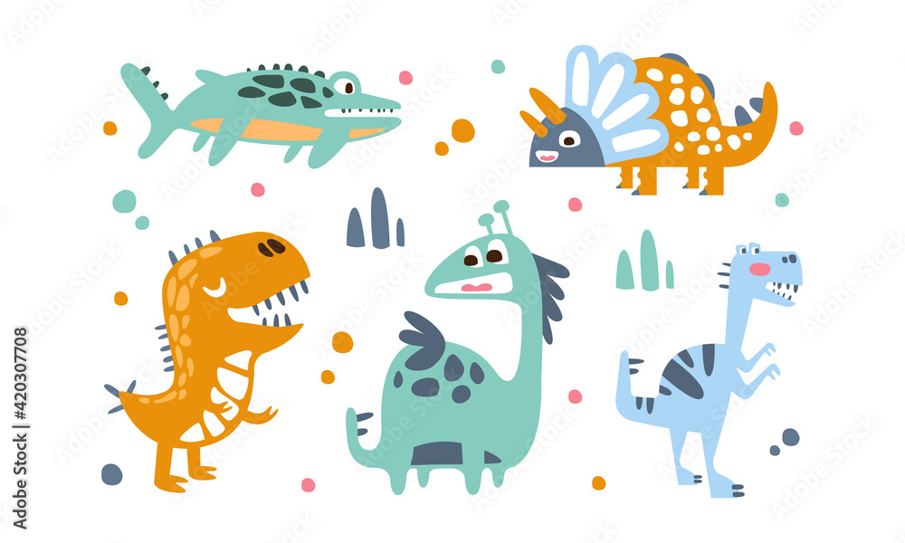 Cute Baby Dinosaurs Set, Adorable Prehistoric Animals Characters Cartoon Vector Illustration