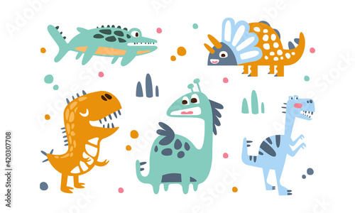 Cute Baby Dinosaurs Set, Adorable Prehistoric Animals Characters Cartoon Vector Illustration