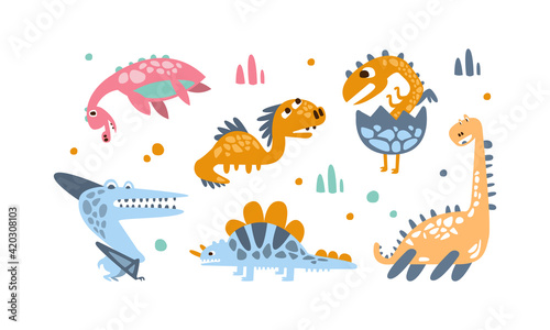 Cute Funny Baby Dinosaurs Set, Adorable Prehistoric Animals Cartoon Vector Illustration