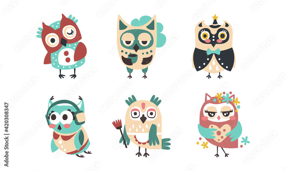 Cute Funny Owlets Collection, Amusing Colorful Owl Birds Cartoon Vector Illustration