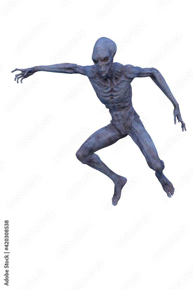 3D illustration of a blue grey skinned alien creature jumping.