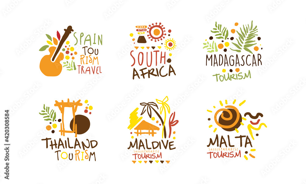 Touristic Logo Templates Design, Travel over the World, Spain, Madagascar, South Africa, Maldive, Malta, Thailand Emblems Hand Drawn Vector Illustration